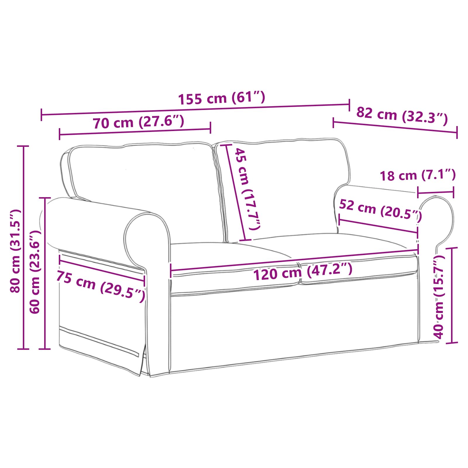 Set sofe 2 pcs Crna 155 x 82 x 80 cm tkanina