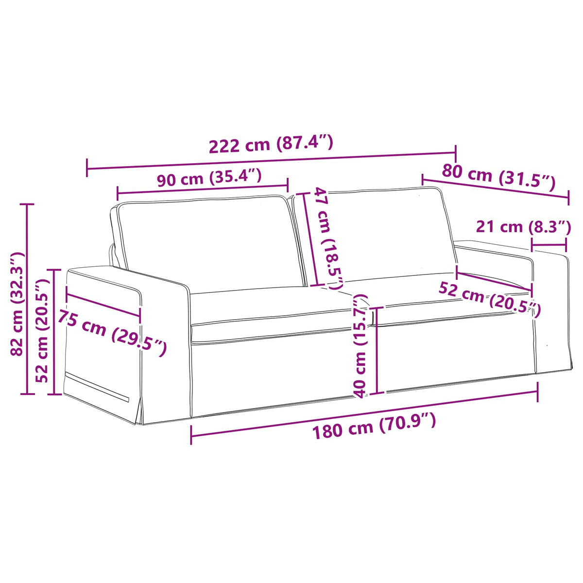 Set sofe 2 pcs Crna 222 x 80 x 82 cm tkanina