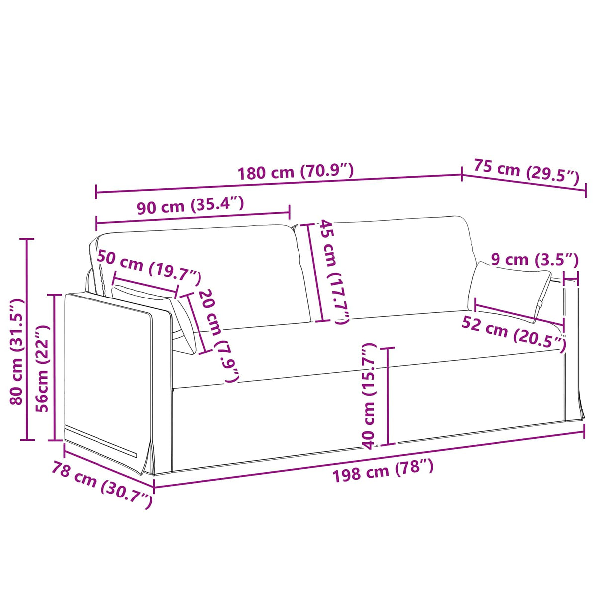 Sofa Tamnozelena 198 x 78 x 80 cm tkanina