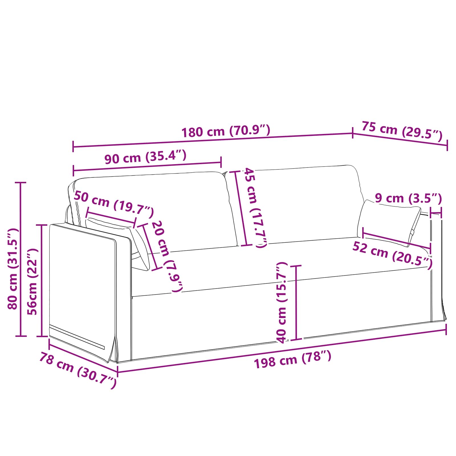 Sofa Tamnozelena 198 x 78 x 80 cm tkanina