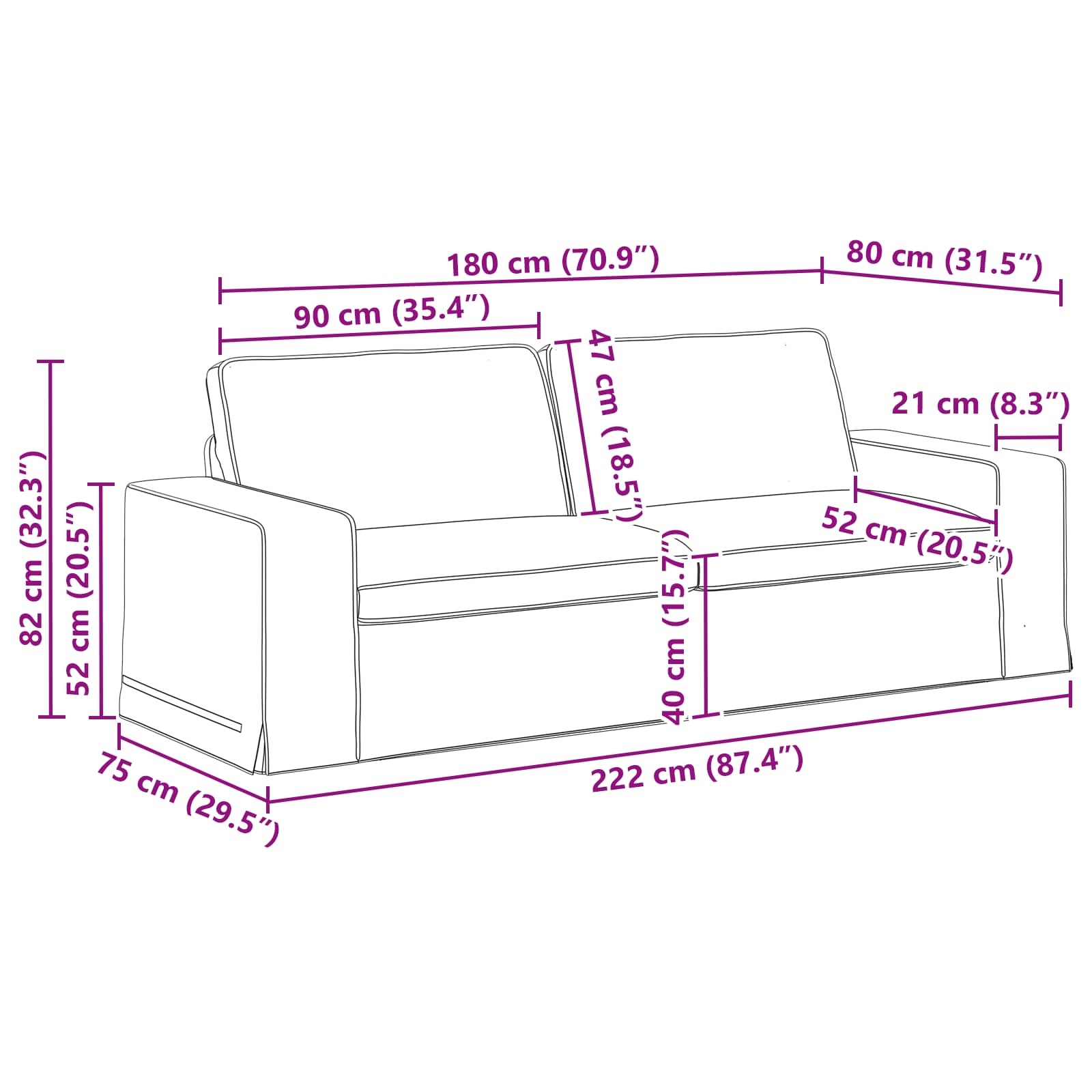 Sofa Crna 222 x 80 x 82 cm tkanina