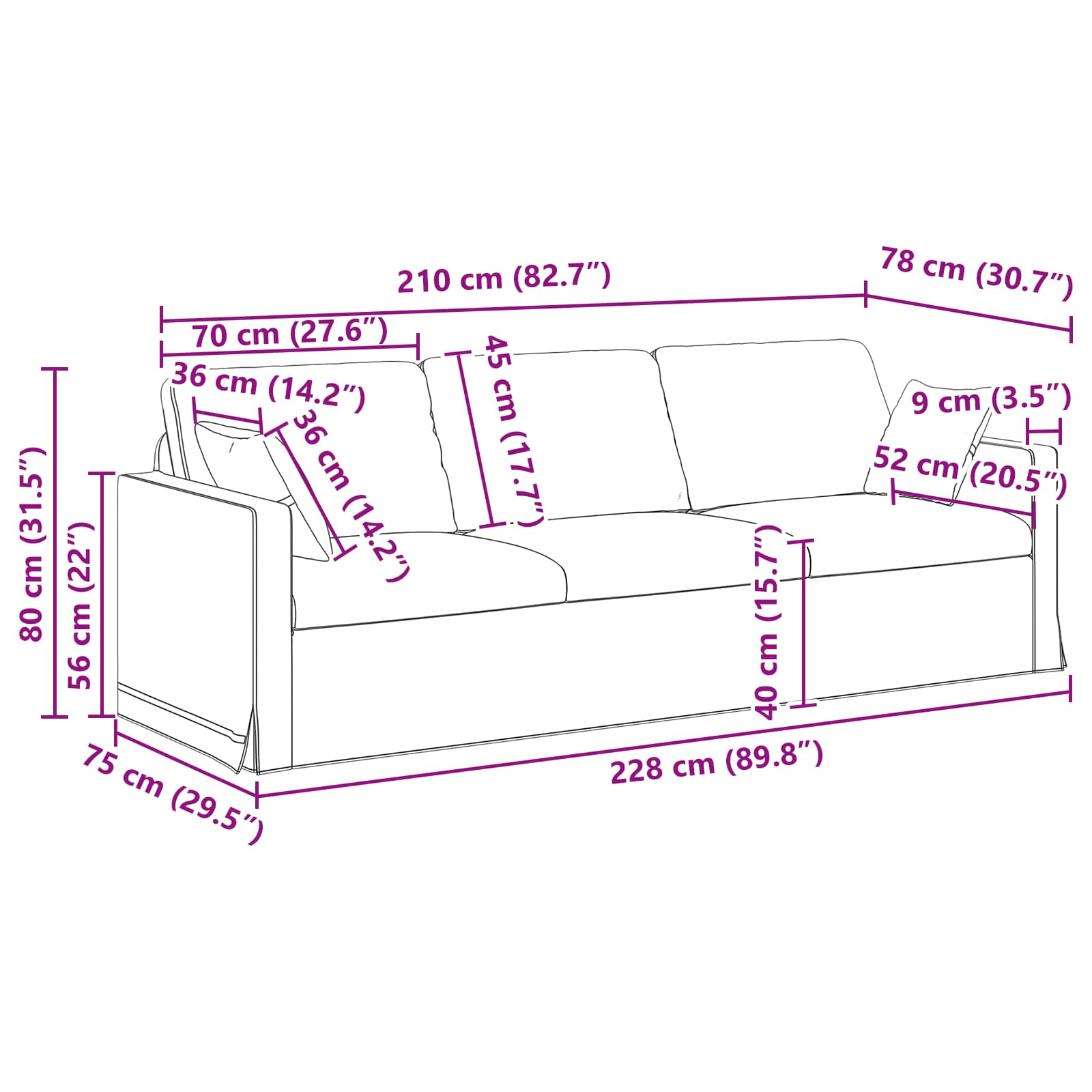 Sofa Tamnozelena 228 x 78 x 80 cm Baršun