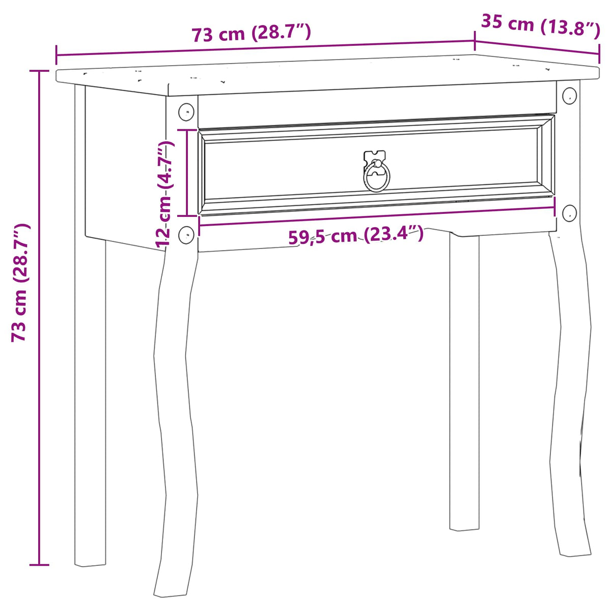 Konzolni stol Bijelo 73 x 35 x 73 cm Čvrsto borovo drvo