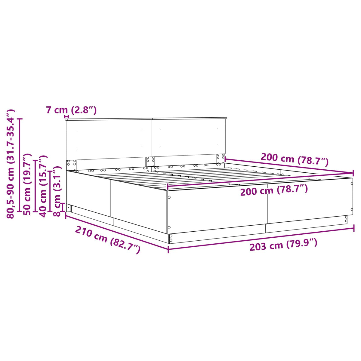 Krevetna konstrukcija s LED trakama Sonoma hrast 200 x 200 cm