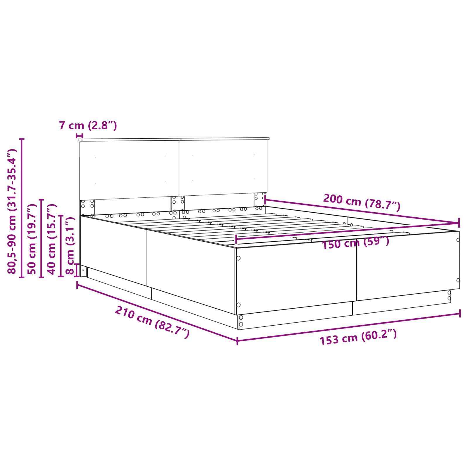 Krevetna konstrukcija S LED lampica Sonoma hrast 150 x 200 cm