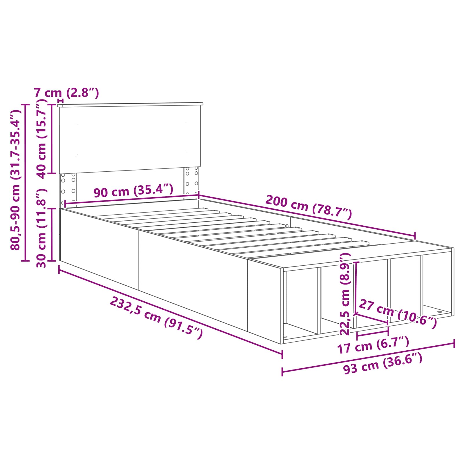 Krevetna konstrukcija s policom Sonoma hrast 90 x 200 cm