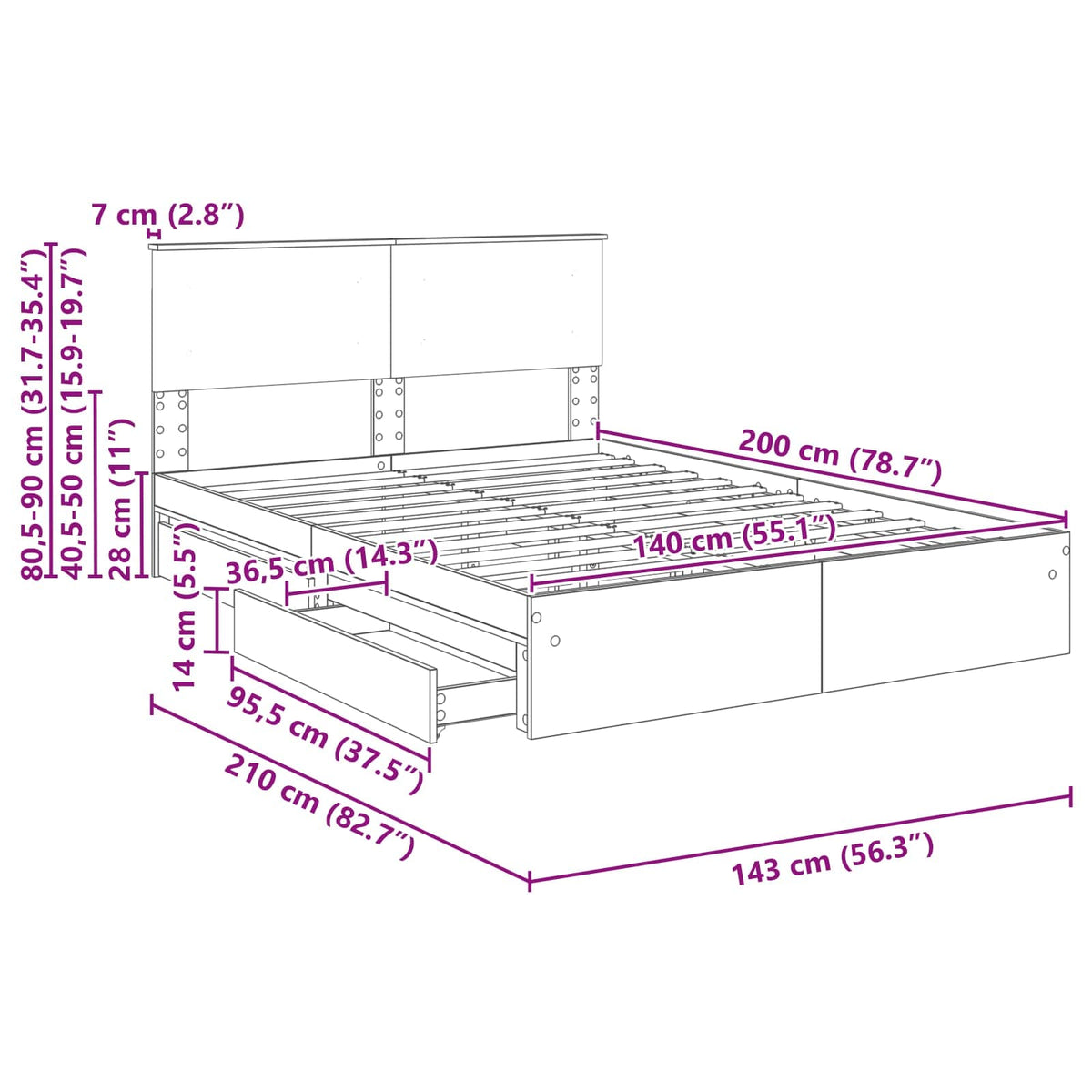 Krevet s od storage Siva Sonoma 140 x 200 cm Konstruirano drvo
