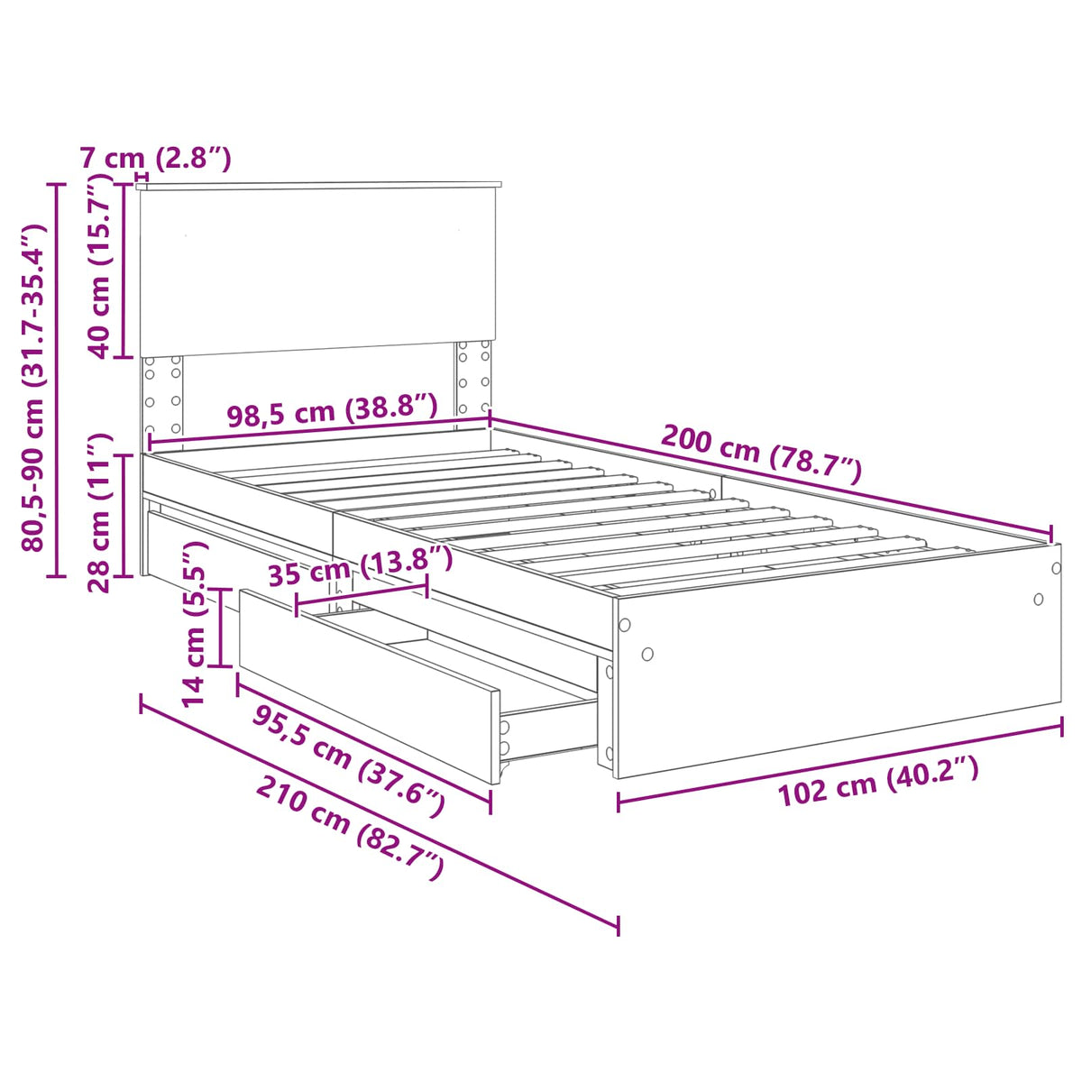 Krevet s od storage s uzglavljem Dimljeni hrast 100 x 200 cm