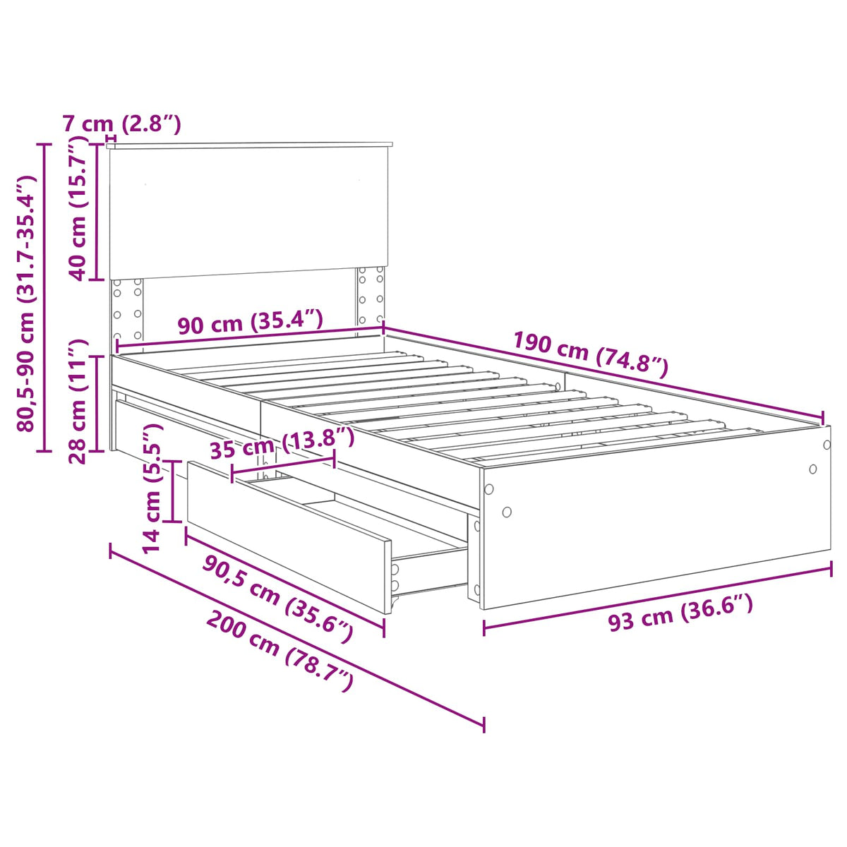 Krevet s od storage Crna 90 x 190 cm Konstruirano drvo