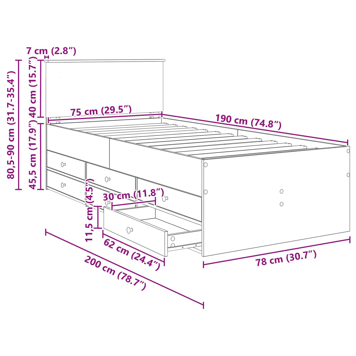 Krevet na dan Bijela i crna 75 x 190 cm Konstruirano drvo