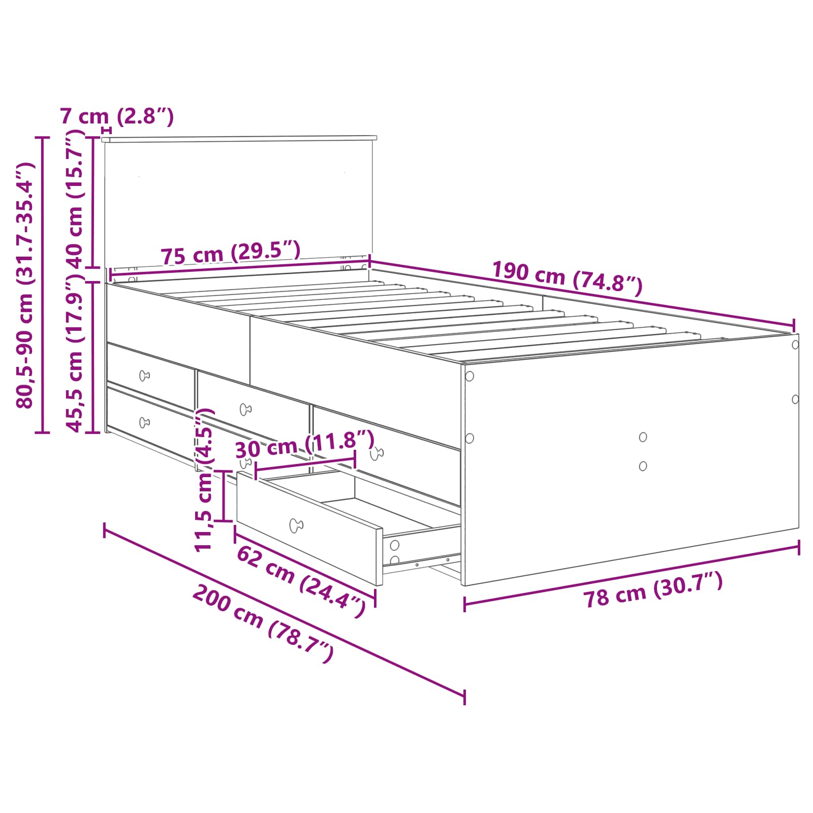 Krevet na dan Beton siva i crna 70 x 190 cm Konstruirano drvo