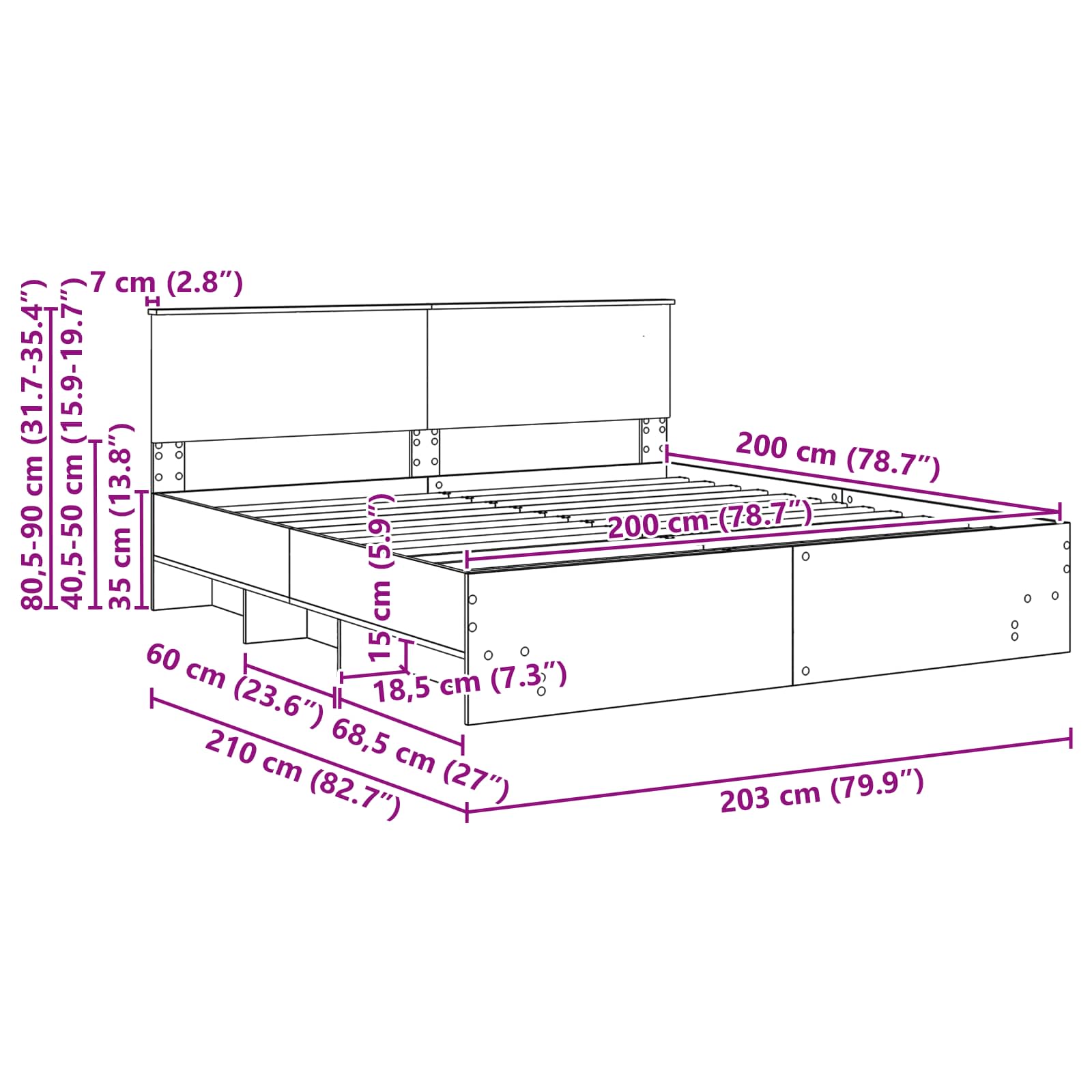 Krevetna konstrukcija s uzglavljem Sonoma hrast 200 x 200 cm