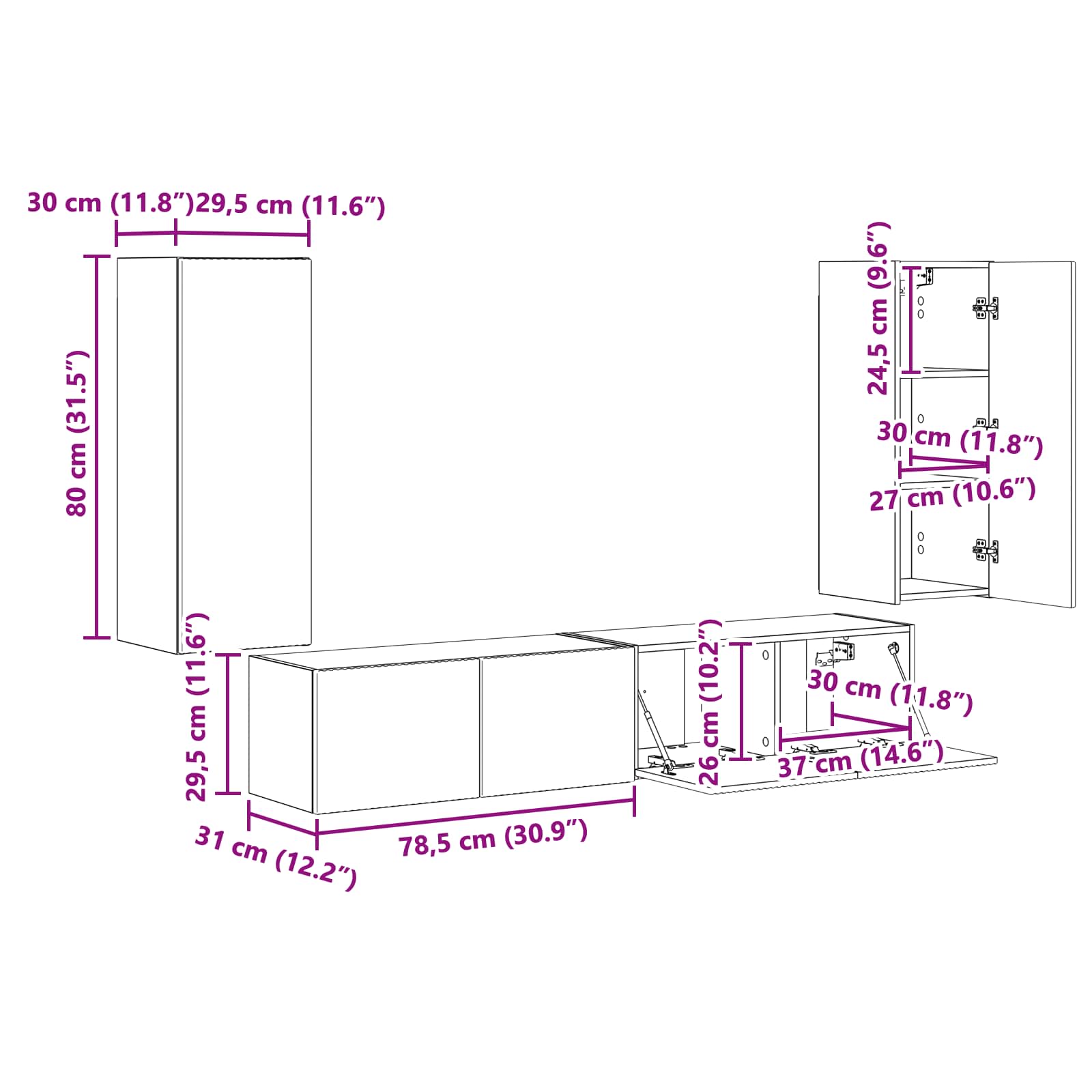 Set zidnog ormarića za TV Zidne 4 pcs Crna Konstruirano drvo