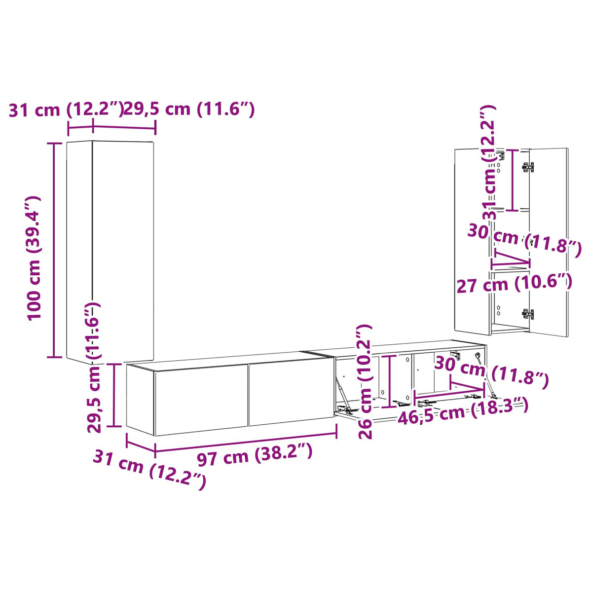 Set zidnog ormarića za TV 4 pcs 29,5 x 31 x 100 cm Staro drvo