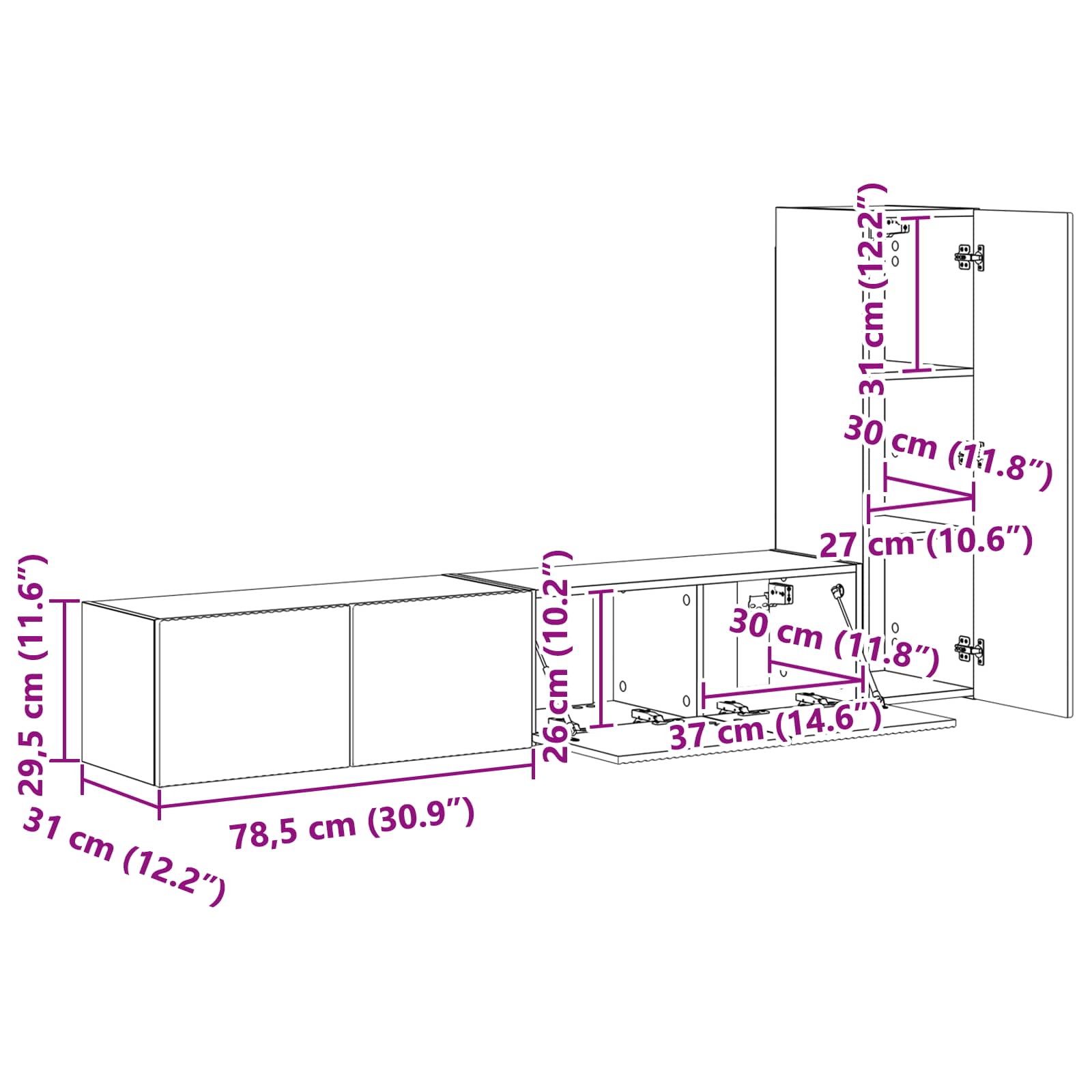 Set TV komoda Zidne 3 pcs Crna Konstruirano drvo