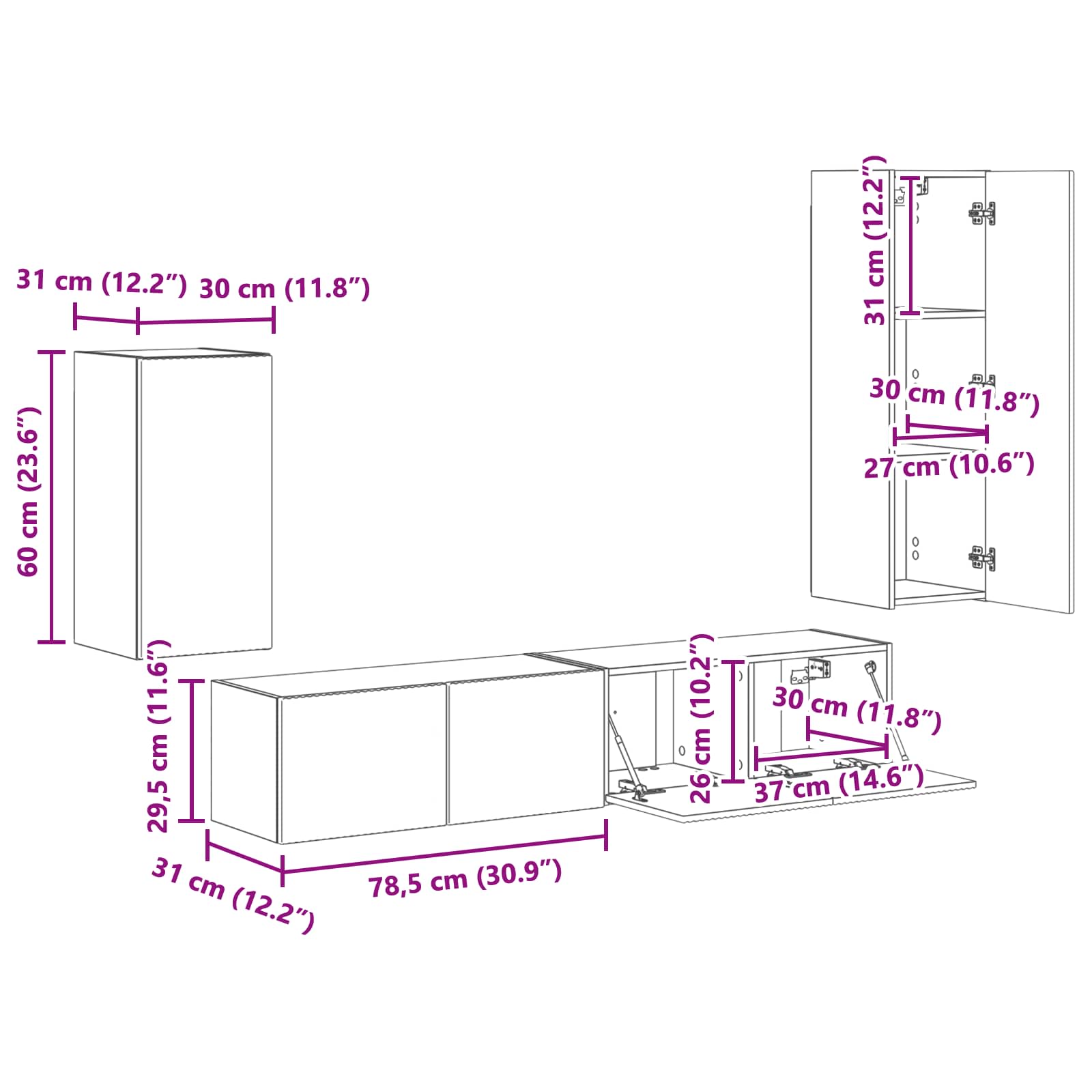 Set TV komoda Zidne 4 pcs Betonski sivi Konstruirano drvo