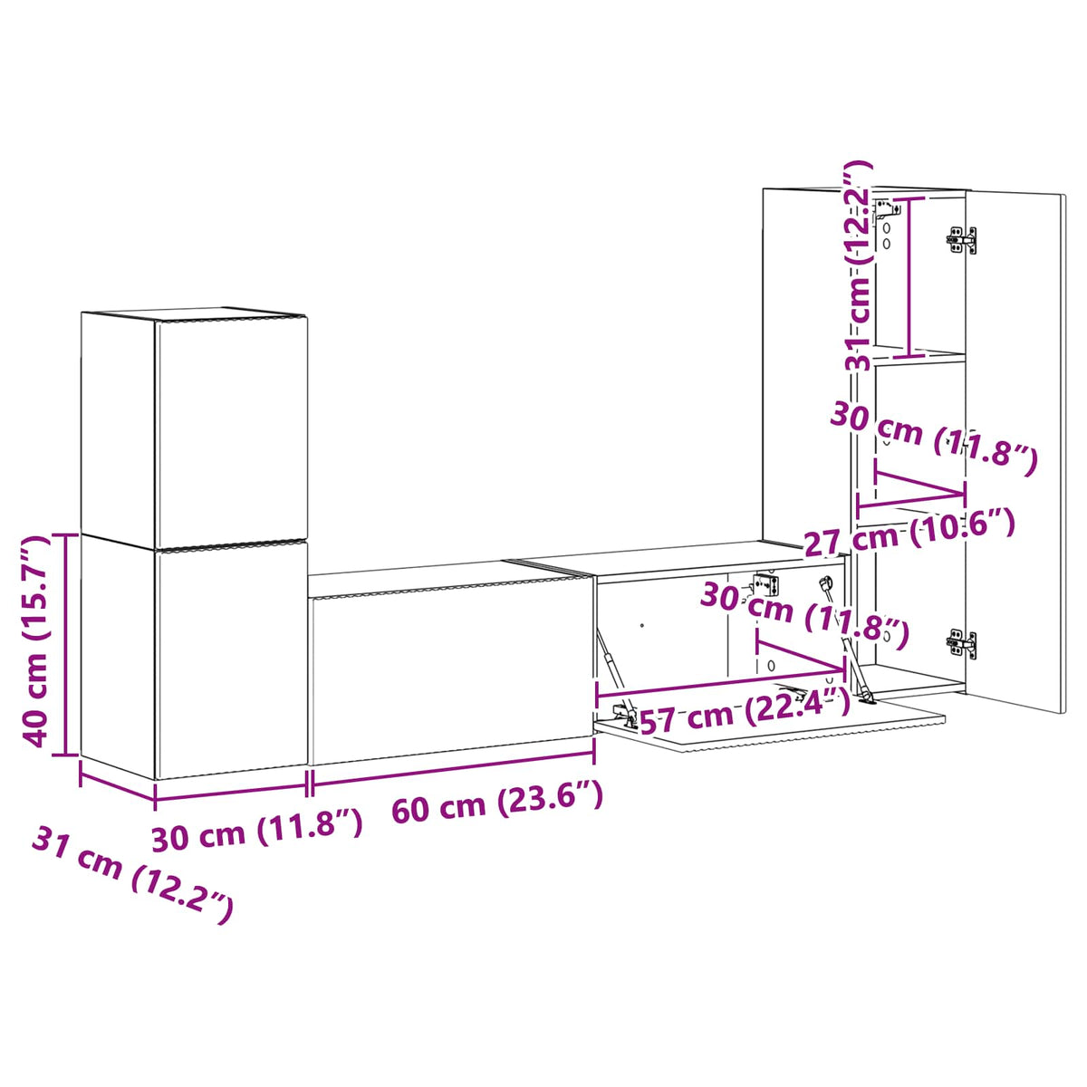 Set TV komoda Zidne 4 pcs Bijelo Konstruirano drvo