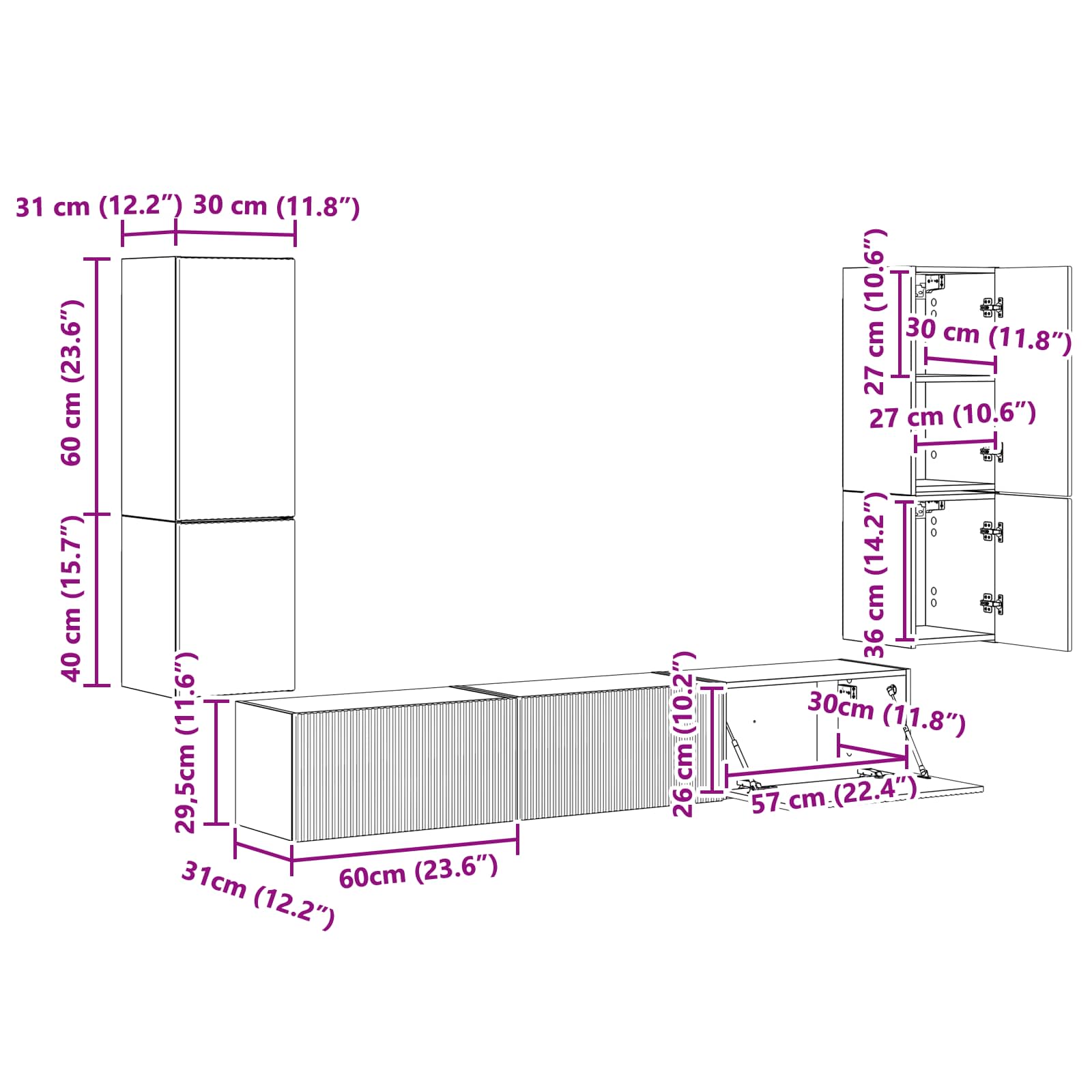 Set TV komoda Zidne 4 pcs Betonski sivi Konstruirano drvo
