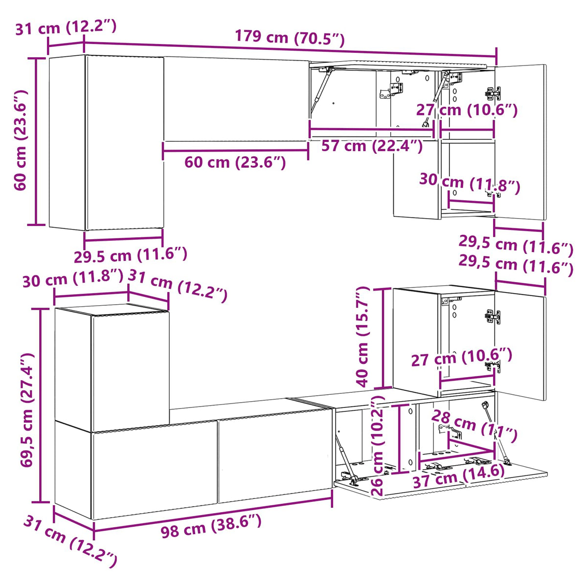 Set TV komoda Zidne 5 pcs Dimljeni hrast Konstruirano drvo