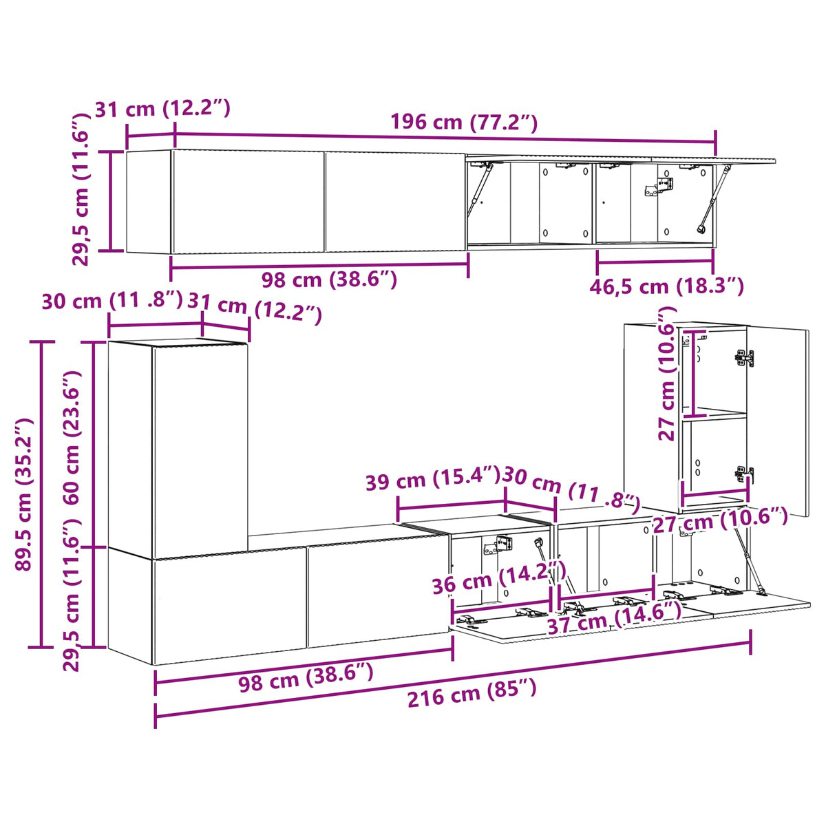 Set TV komoda Zidne 5 pcs Dimljeni hrast Konstruirano drvo