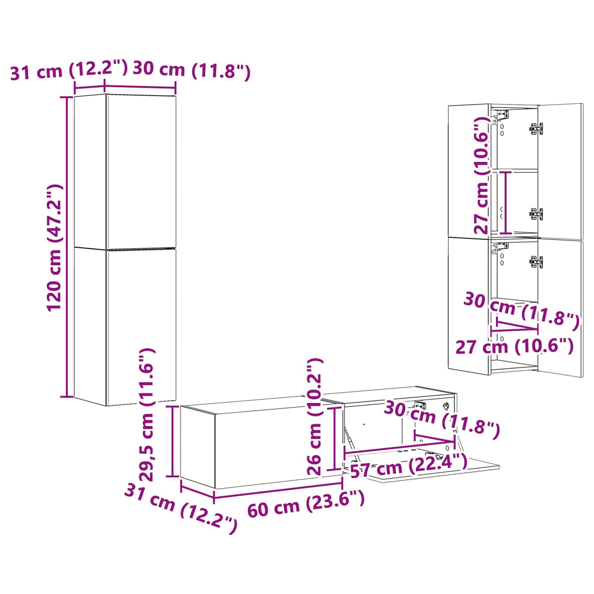 Set TV komoda 6 pcs Betonski sivi Konstruirano drvo