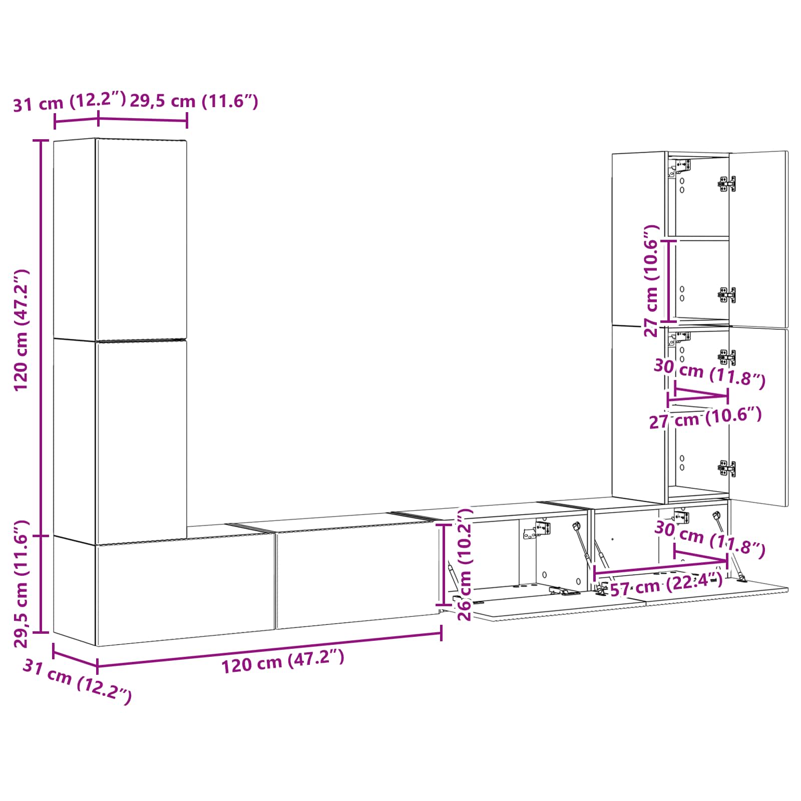 Set TV komoda 8 pcs Betonski sivi Konstruirano drvo