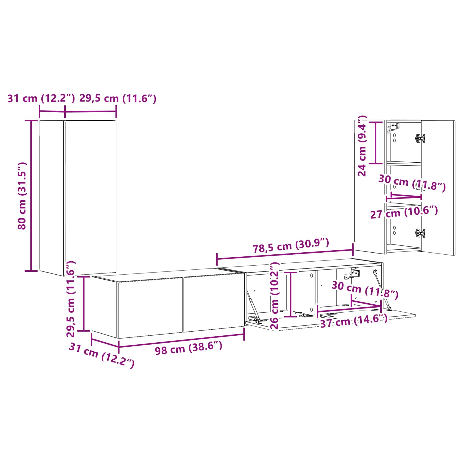 Set TV komoda 4 pcs Betonski sivi Konstruirano drvo