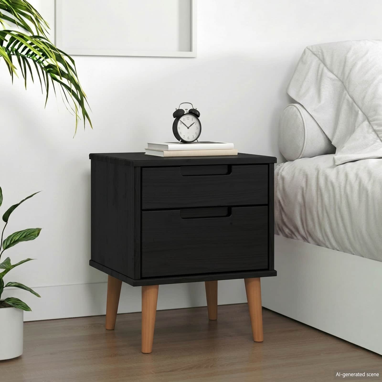 Noćni ormar s ladicama Crna 40 x 35 x 48 cm Masivna borovina