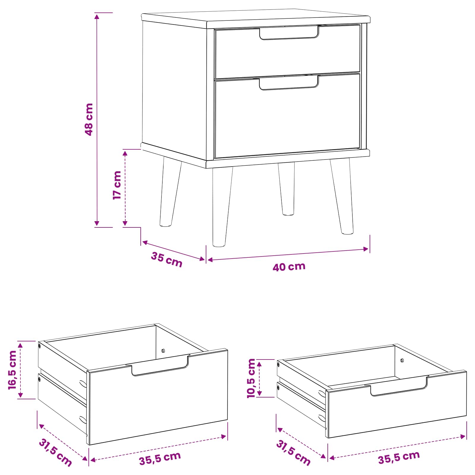 Noćni ormar s ladicama Crna 40 x 35 x 48 cm Masivna borovina