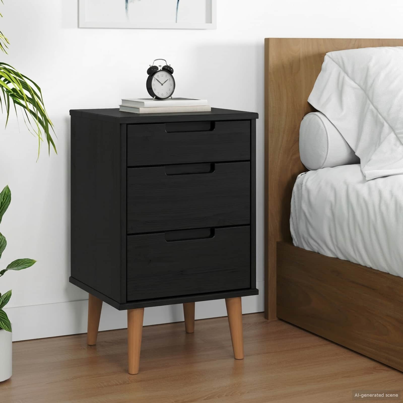 Noćni ormar s ladicama Crna 40 x 35 x 65 cm Masivna borovina