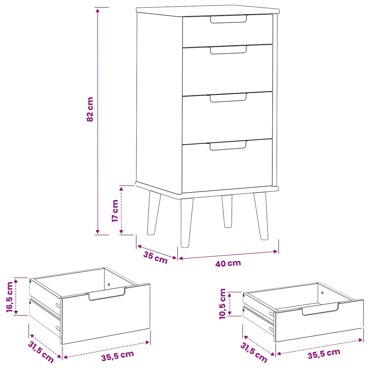 Komoda MOLDE Crna 40 x 35 x 82 cm Masivna borovina