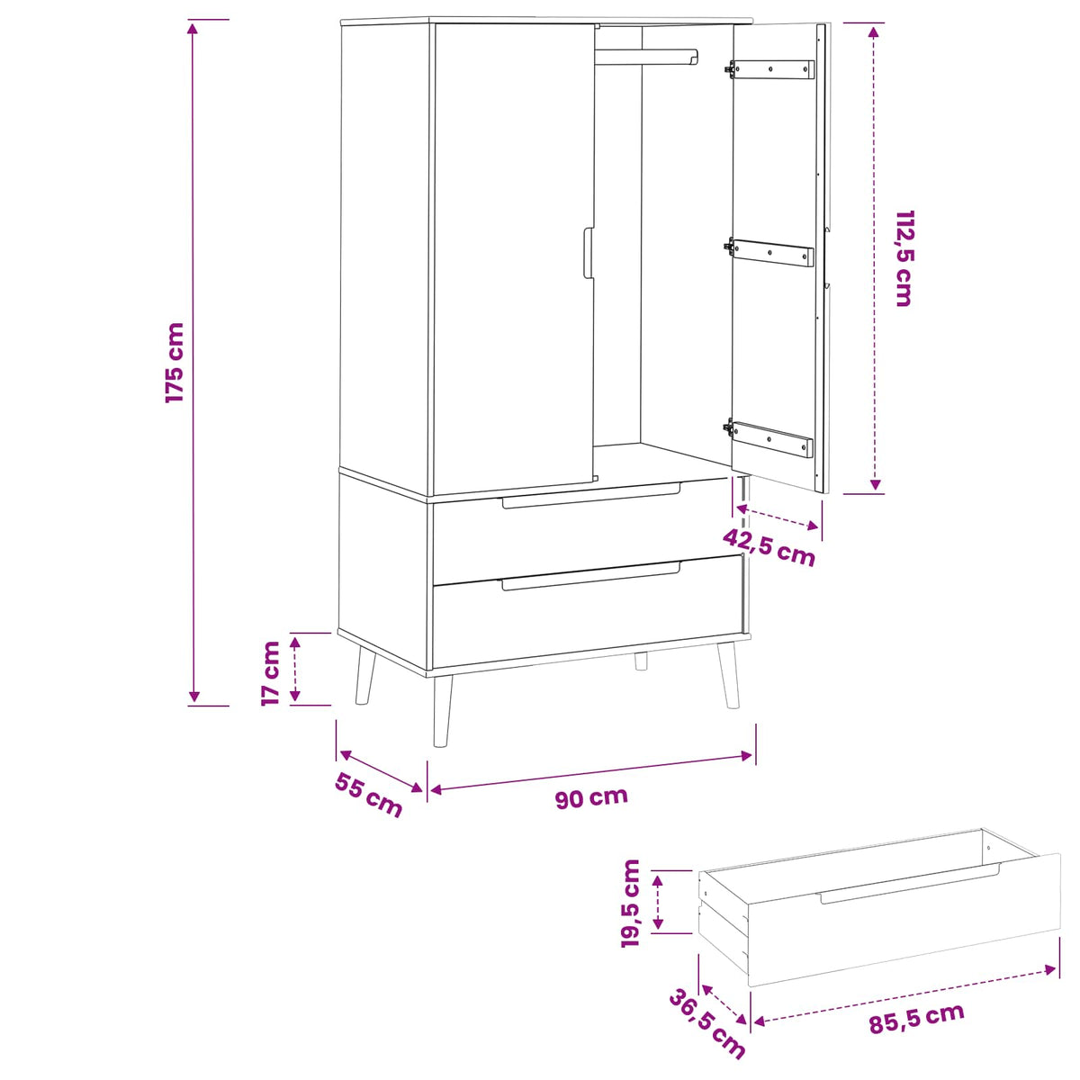 Ormarić MOLDE Crna 90 x 55 x 175 cm Masivna borovina