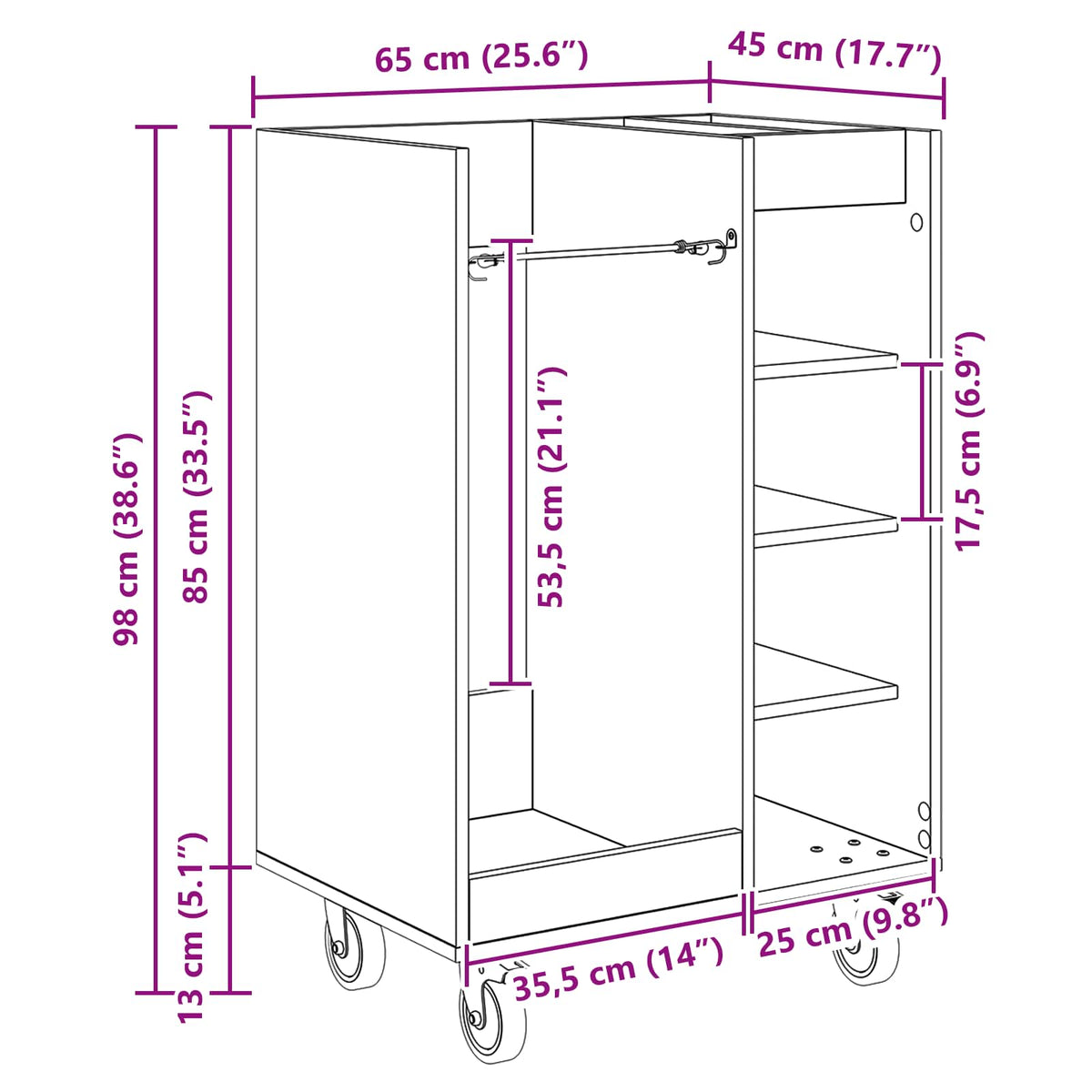 Golf ormar s kotačem Jednobojno Bijelo 65 x 45 x 98 cm