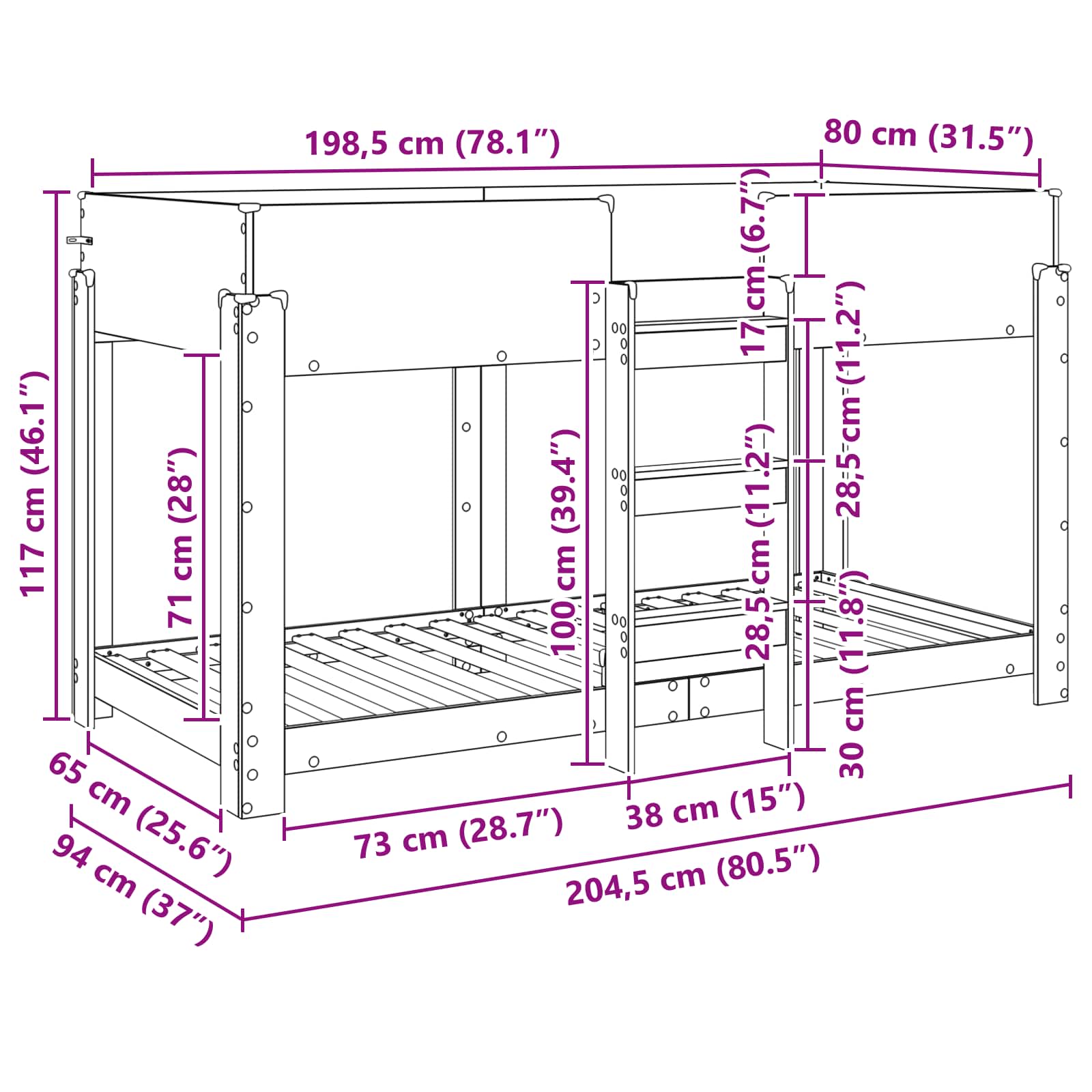 Krevet na kat za djecu Sonoma hrast 80 x 200 cm