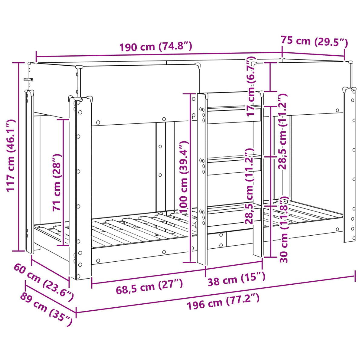 Krevet na kat za djecu Siva Sonoma 75 x 190 cm