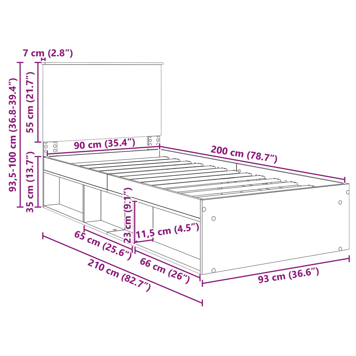 Krevetna konstrukcija Beton 90 x 200 cm Čvrsto borovo drvo