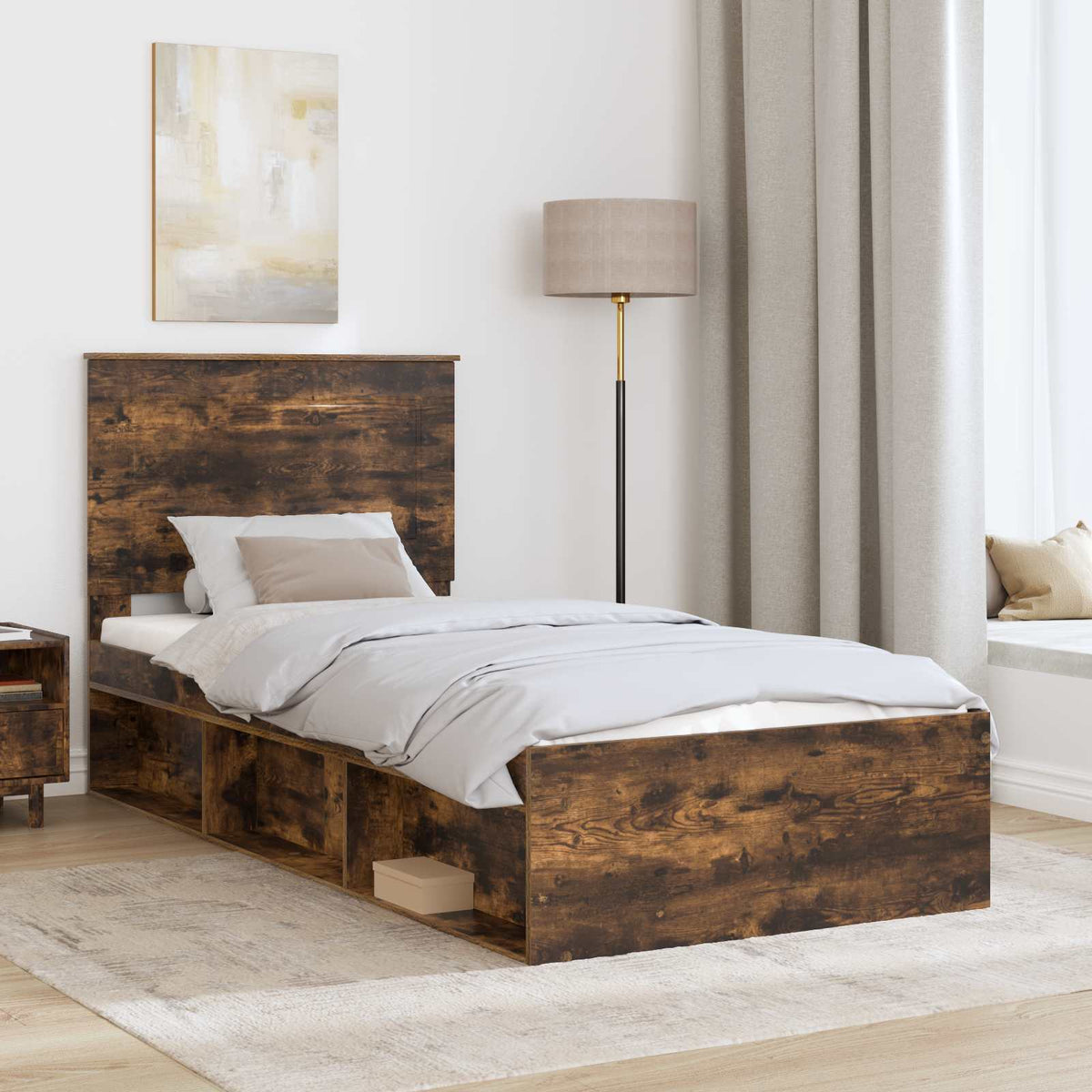 Krevetna konstrukcija s uzglavljem Dimljeni hrast 90 x 200 cm Smeđa 93 x 210 x 100 cm
