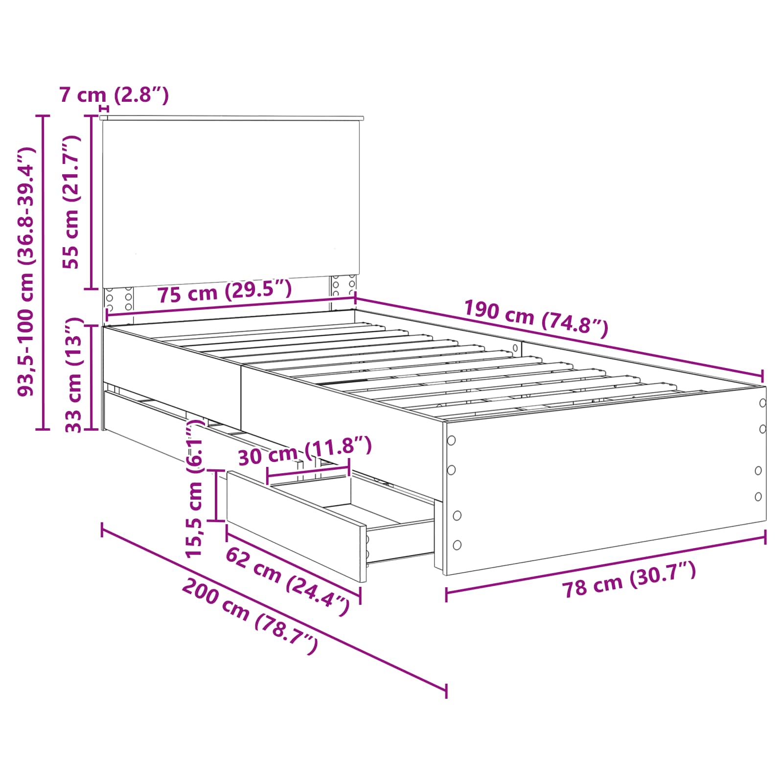 Krevetna konstrukcija Sonoma hrast 75 x 190 cm Inženjersko Drvo