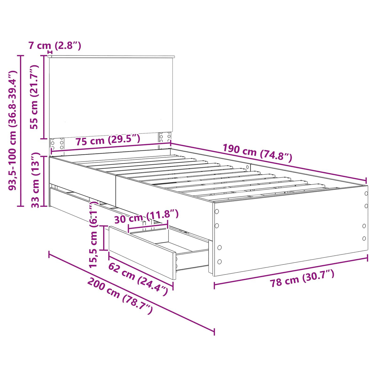 Krevetna konstrukcija Siva Sonoma 75 x 190 cm Inženjersko Drvo