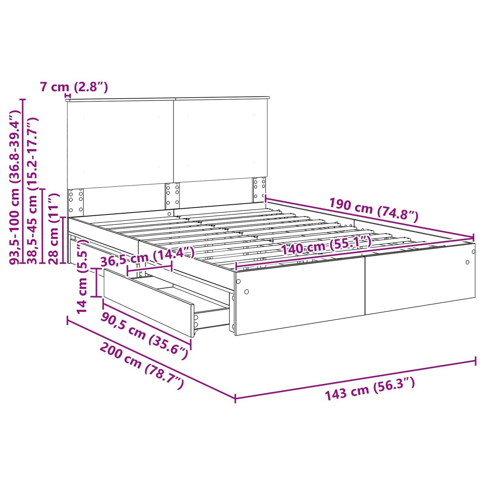 Krevet s od storage Sonoma hrast 140 x 190 cm Konstruirano drvo