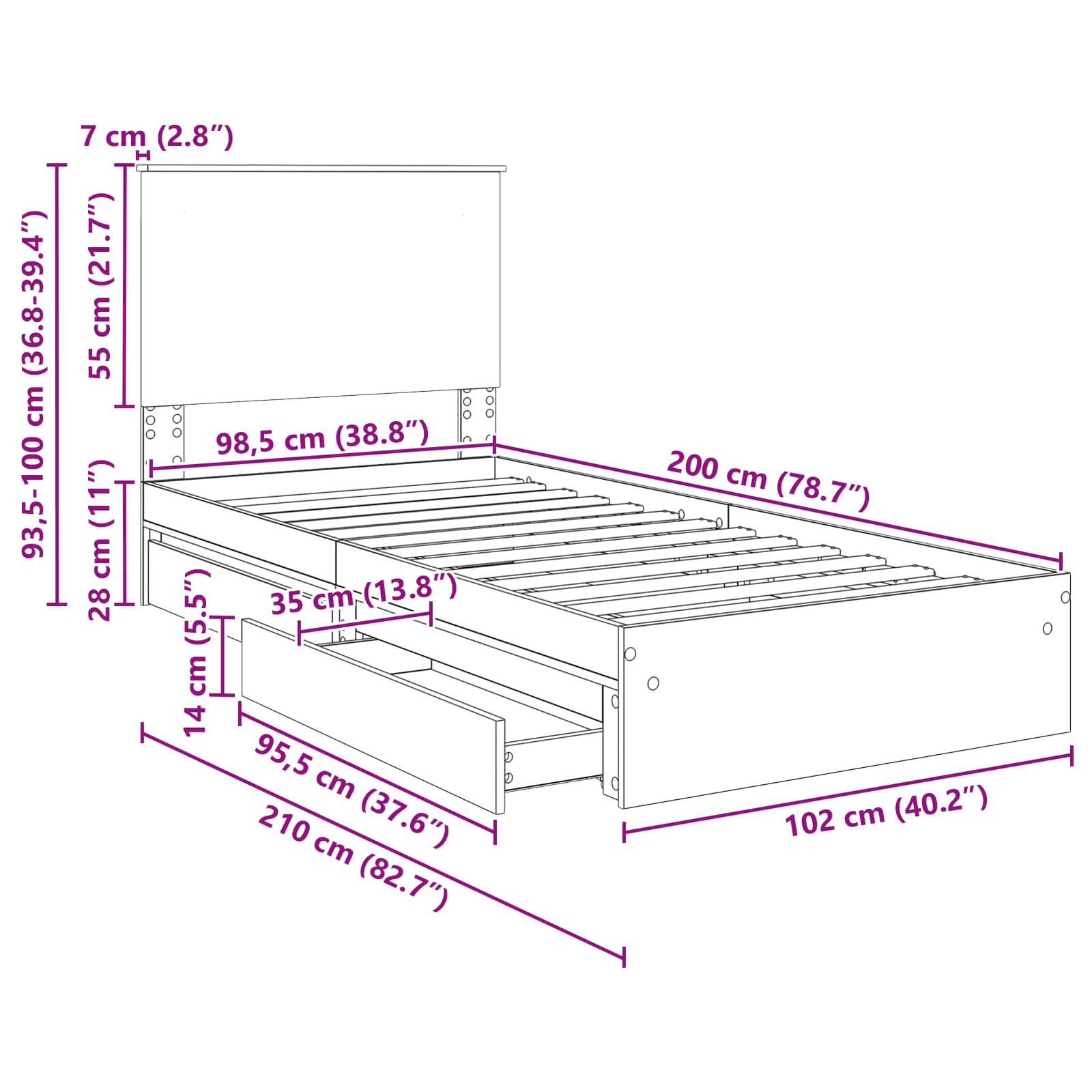 Krevet s od storage Crna 100 x 200 cm Konstruirano drvo