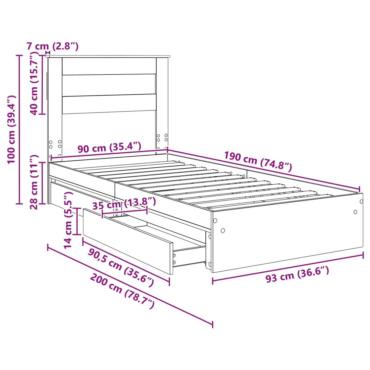 Krevet s od storage Siva Sonoma 90 x 190 cm Konstruirano drvo