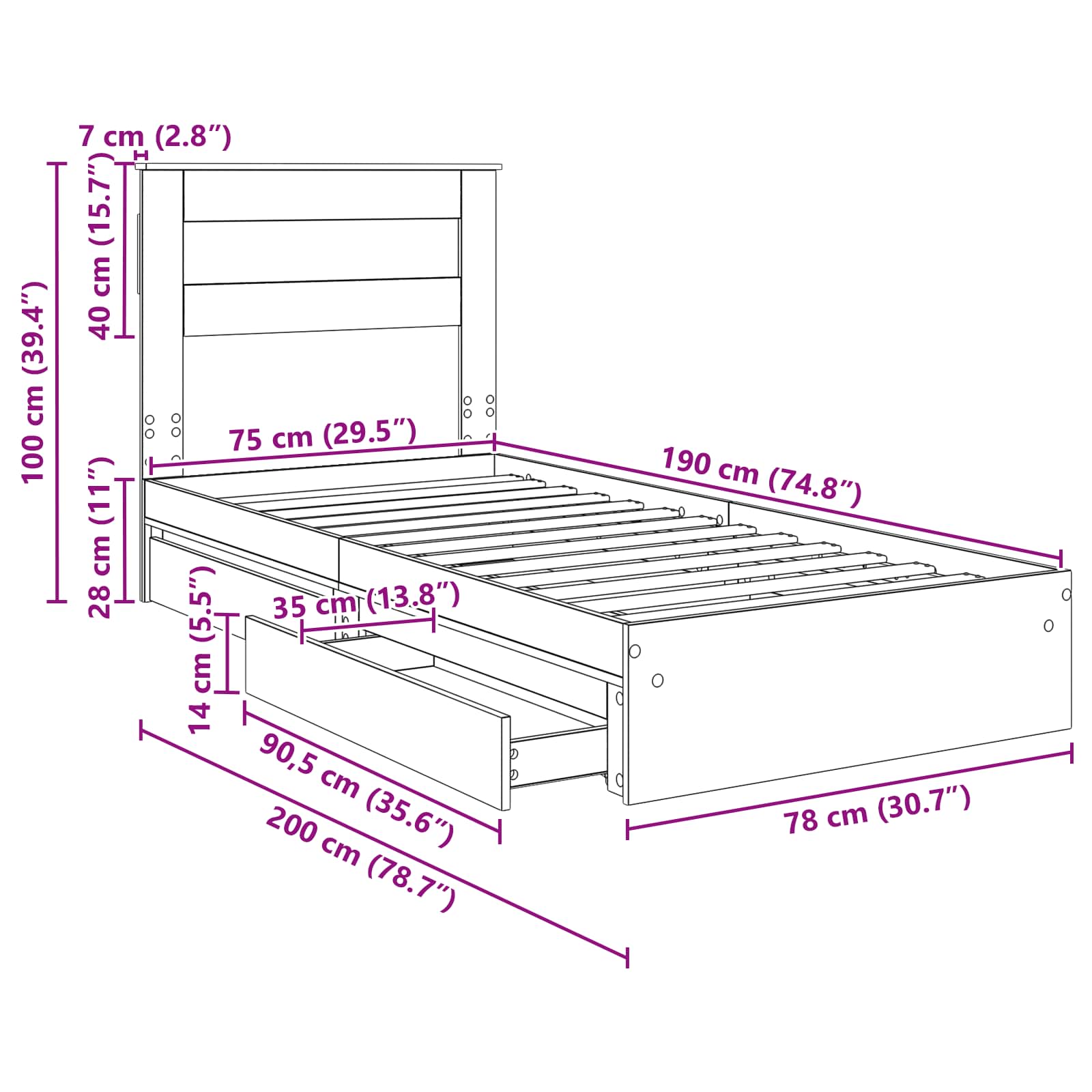 Krevet s od storage s uzglavljem Dimljeni hrast 75 x 190 cm
