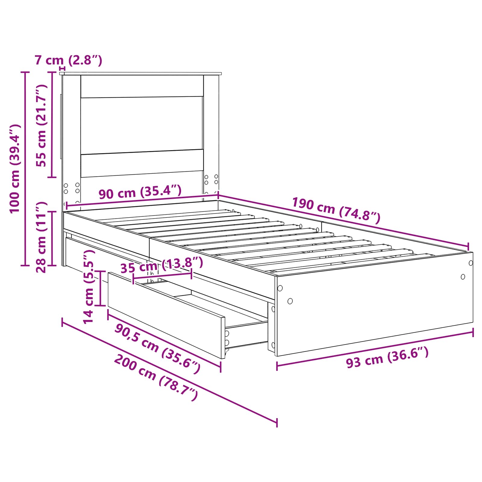 Krevet s od storage s uzglavljem Dimljeni hrast 90 x 190 cm