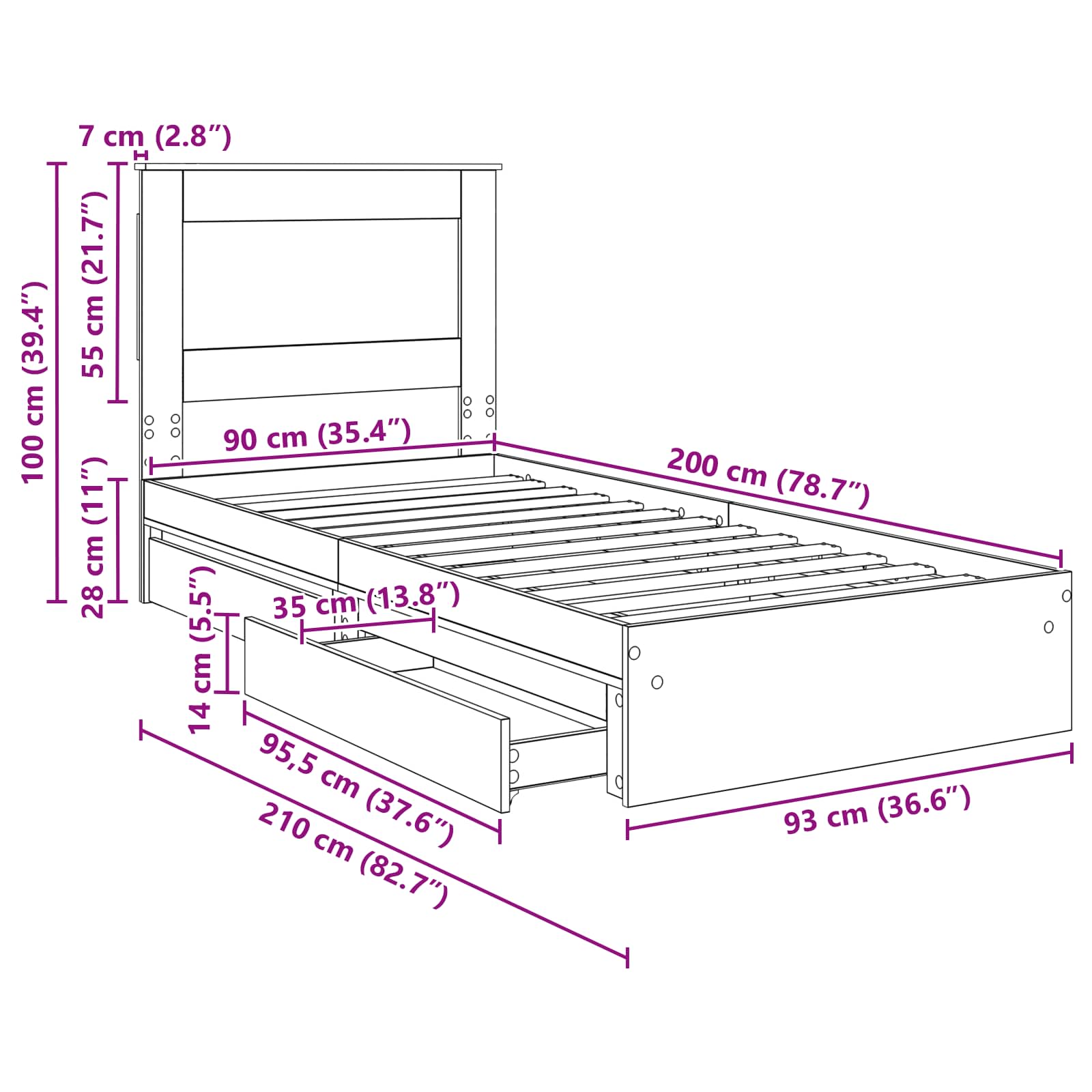 Krevet s od storage s uzglavljem Dimljeni hrast 90 x 200 cm