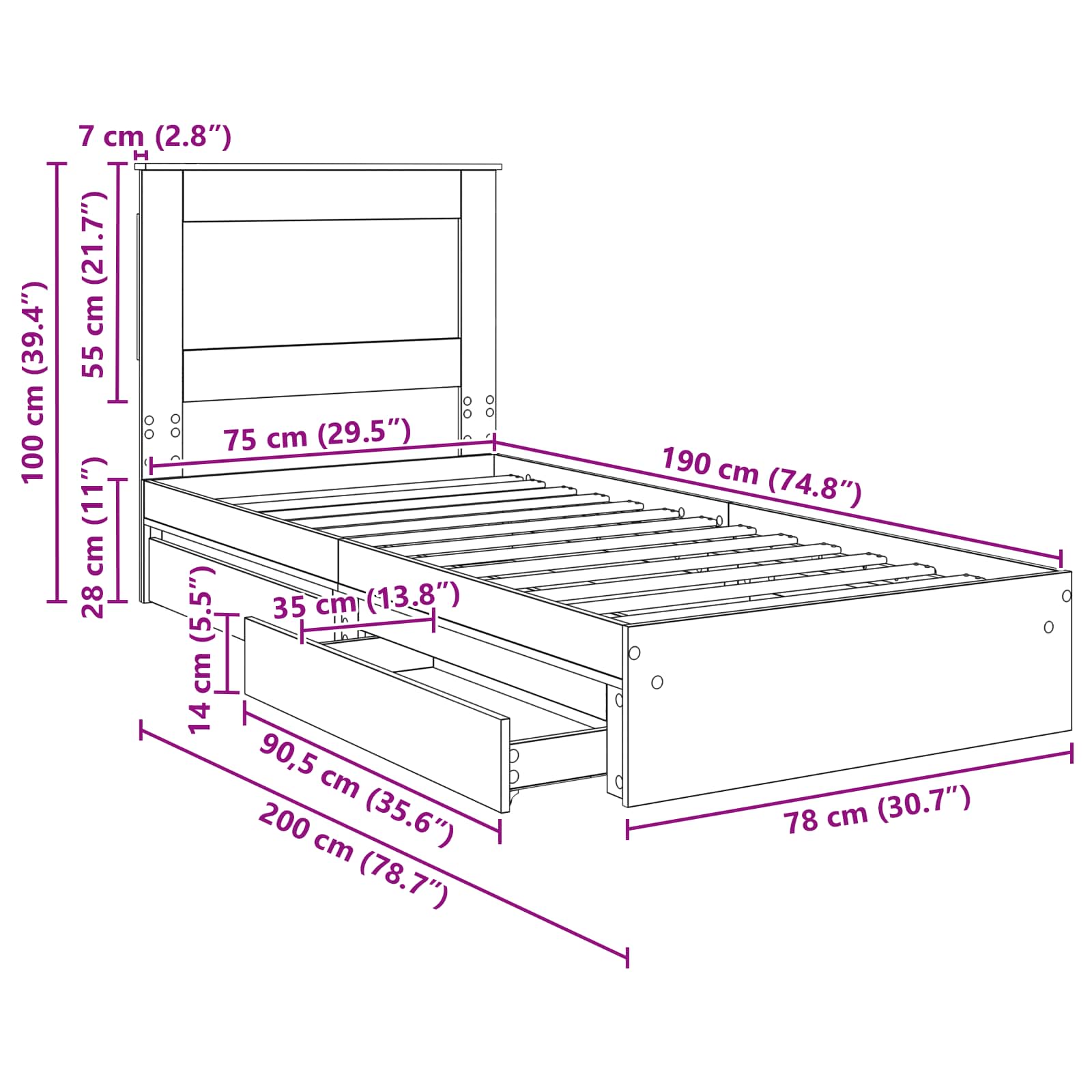 Krevet s od storage s uzglavljem Dimljeni hrast 75 x 190 cm