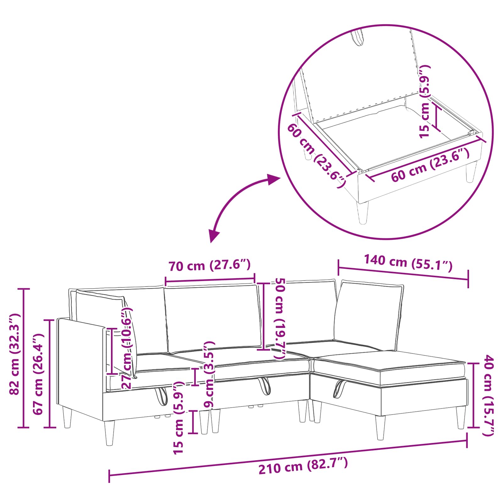 Modularni set sofe sa skladištem 3 pcs Tamnosiva Tkanina