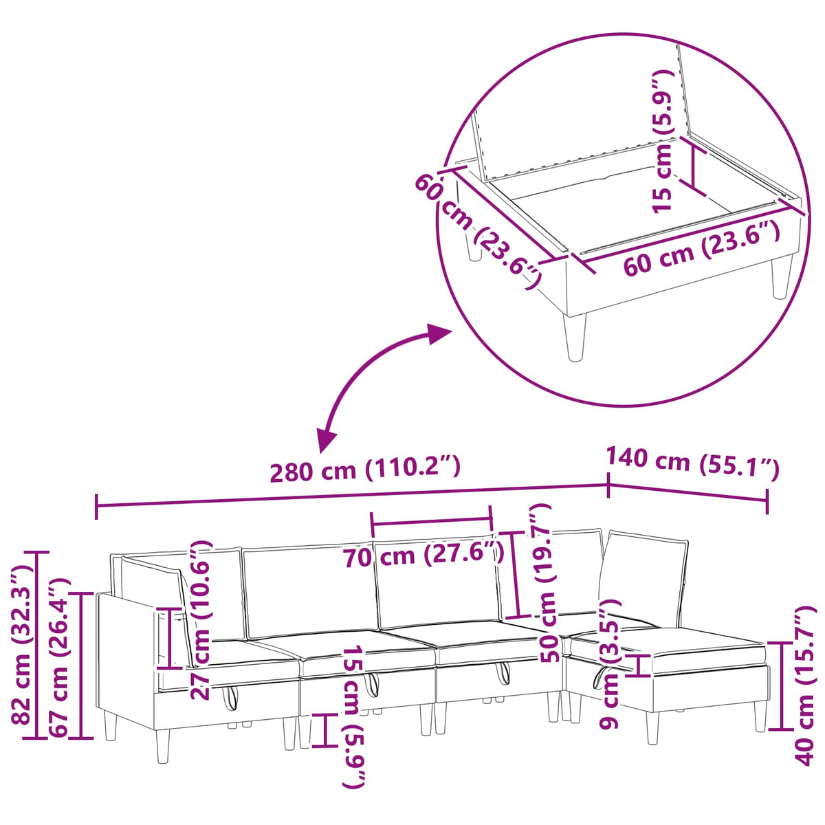 Set namještaja za dnevni boravak 5 pcs Crna Tkanina