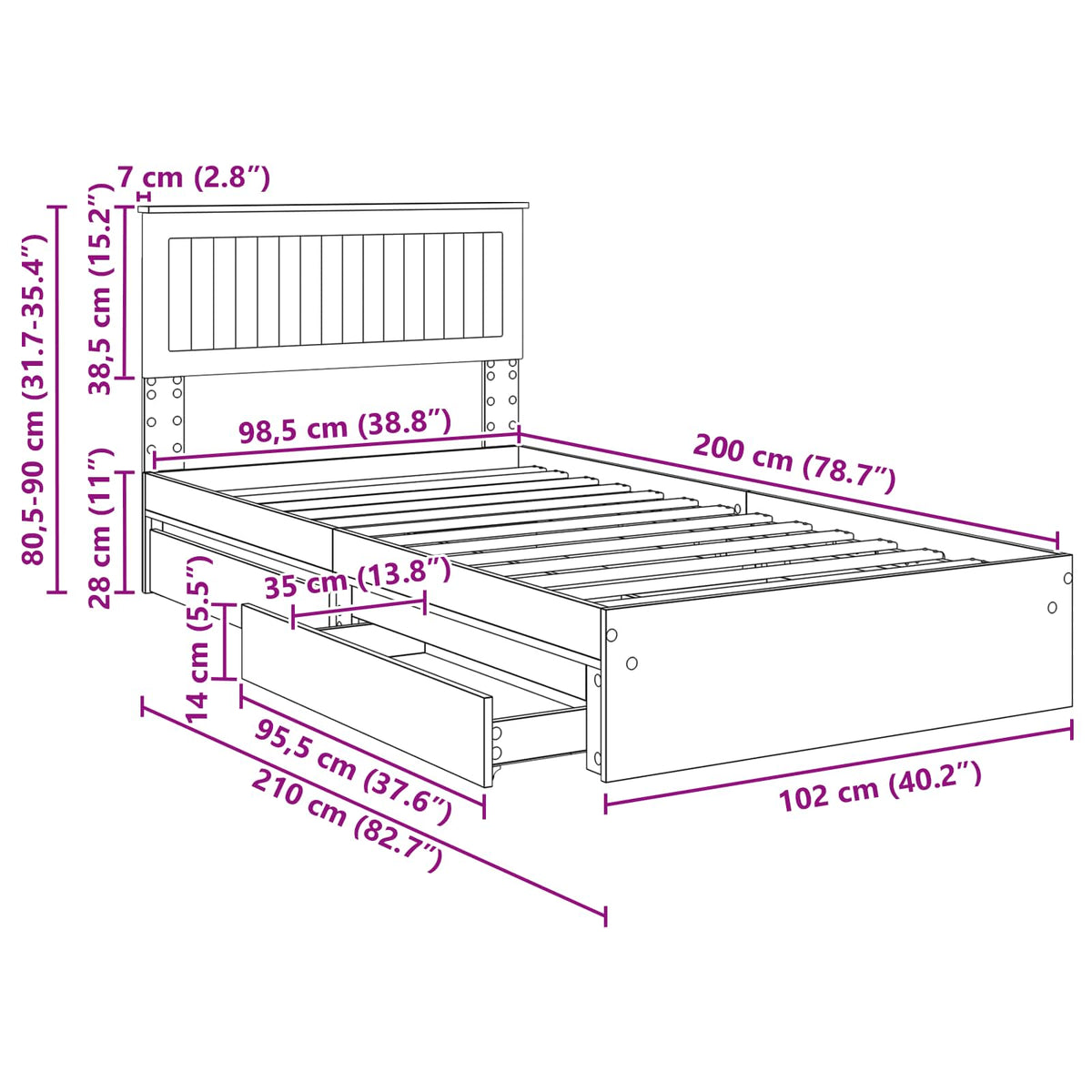 Krevet s od storage Siva Sonoma 100 x 200 cm Konstruirano drvo