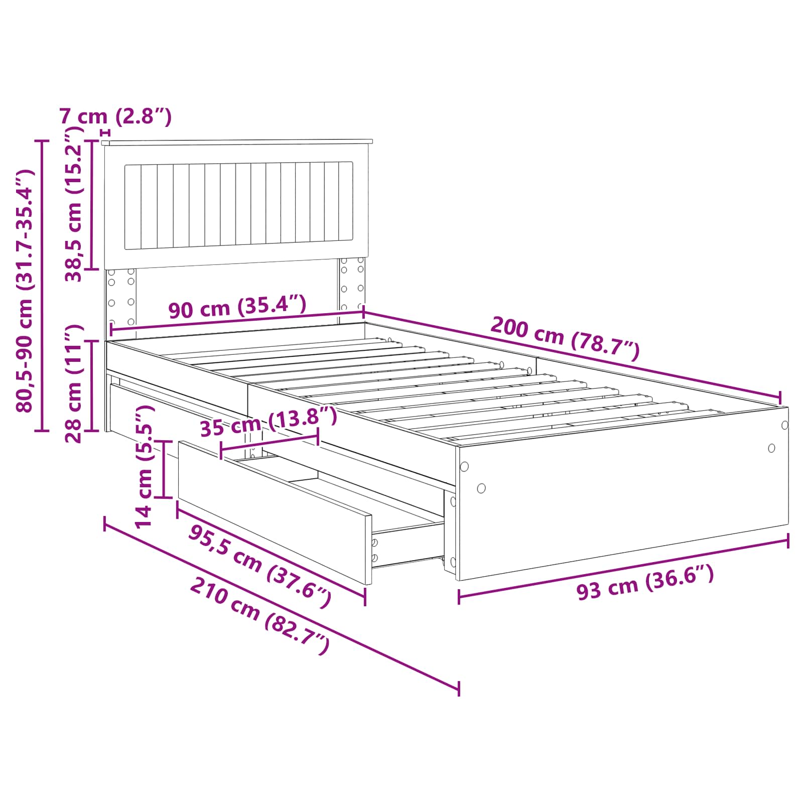 Krevet s od storage s uzglavljem Dimljeni hrast 90 x 200 cm